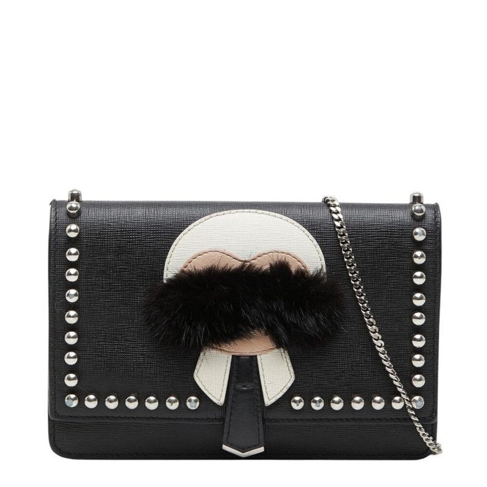 Fendi Leather Fur Karlito Studded Chain Shoulder Bag Multicolor